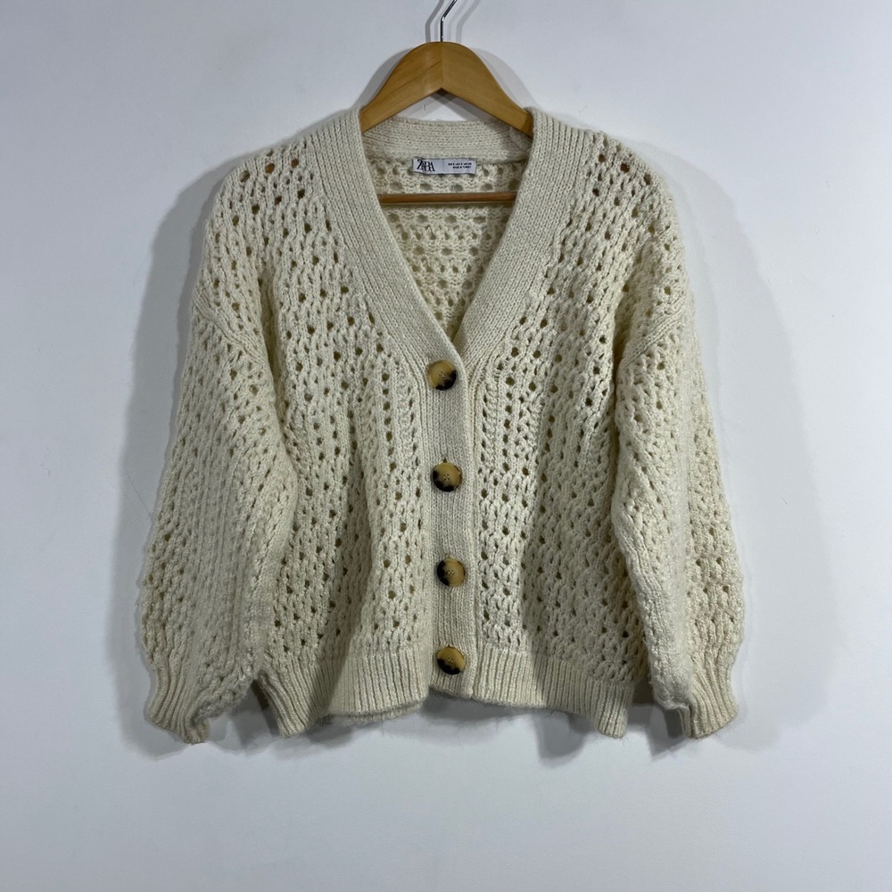 Zara Cream Open-Knit Button Cardigan